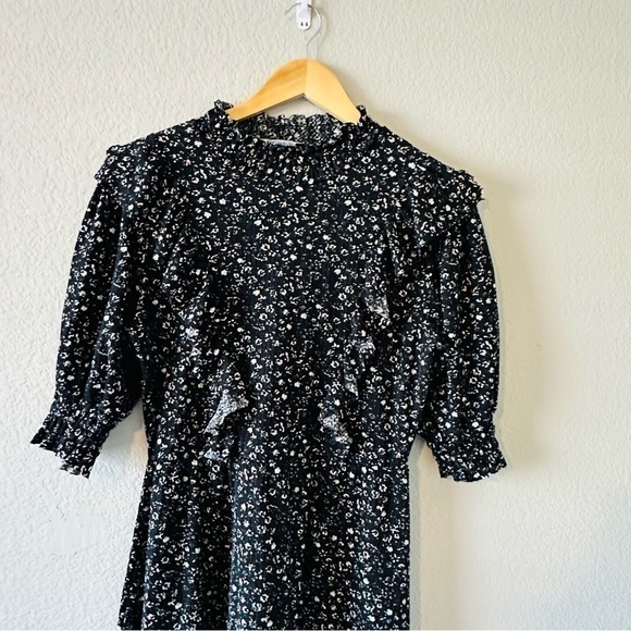Zara Regencycore Floral Print Puffy Sleeve Black Dress Size Large - Picture 3 of 11